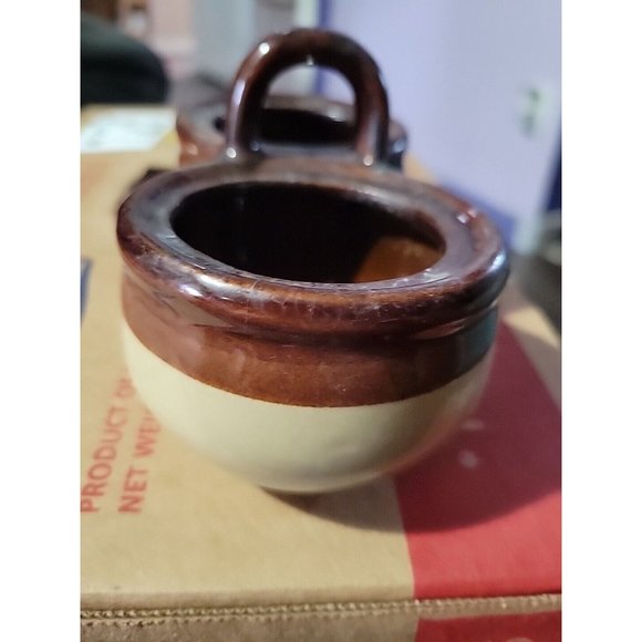 2 Tone Brown Beige Pottery Double Condiment Dish Vintage 6x3in Grannycore - Picture 5 of 8
